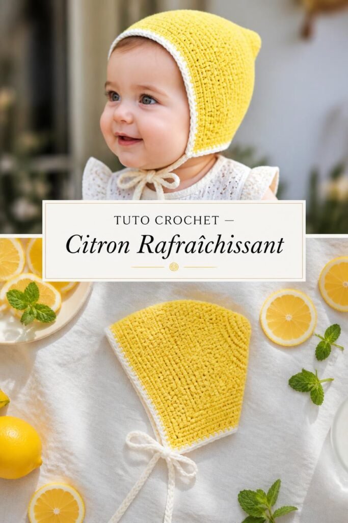 Bonnet bébé crochet fait main au design citron vif jaune et blanc.