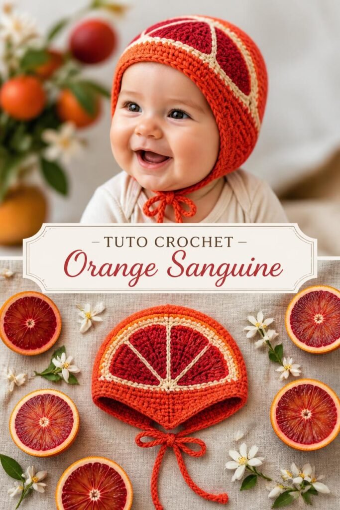 Bonnet bébé crochet fait main au design orange sanguine rouge et orange.