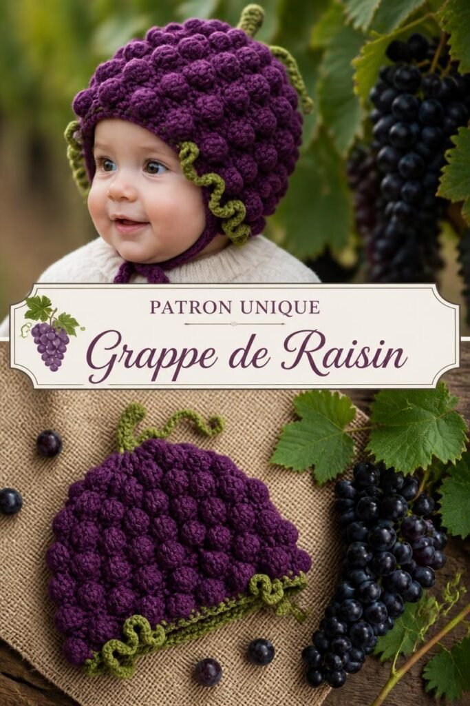 Bonnet bébé crochet fait main au design grappe de raisin violet et vert.
