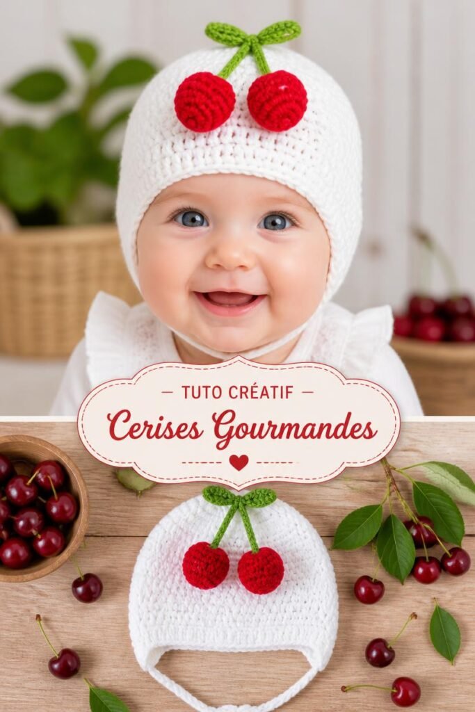 Bonnet bébé crochet fait main au design cerises gourmandes blanc et rouge.