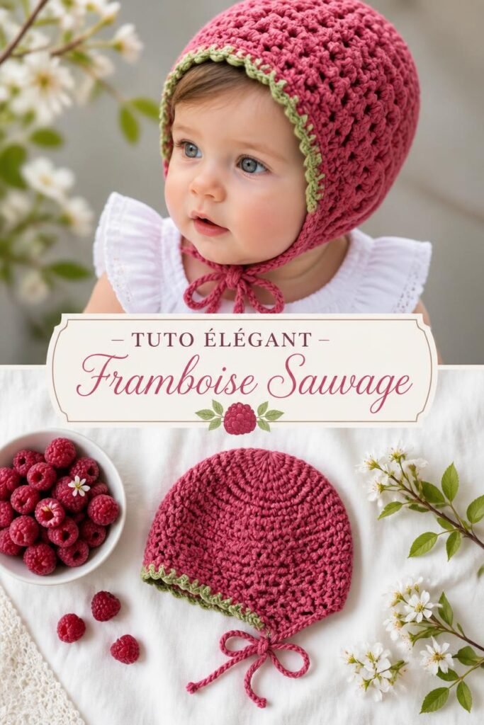 Bonnet bébé crochet fait main au design framboise sauvage rose et vert.
