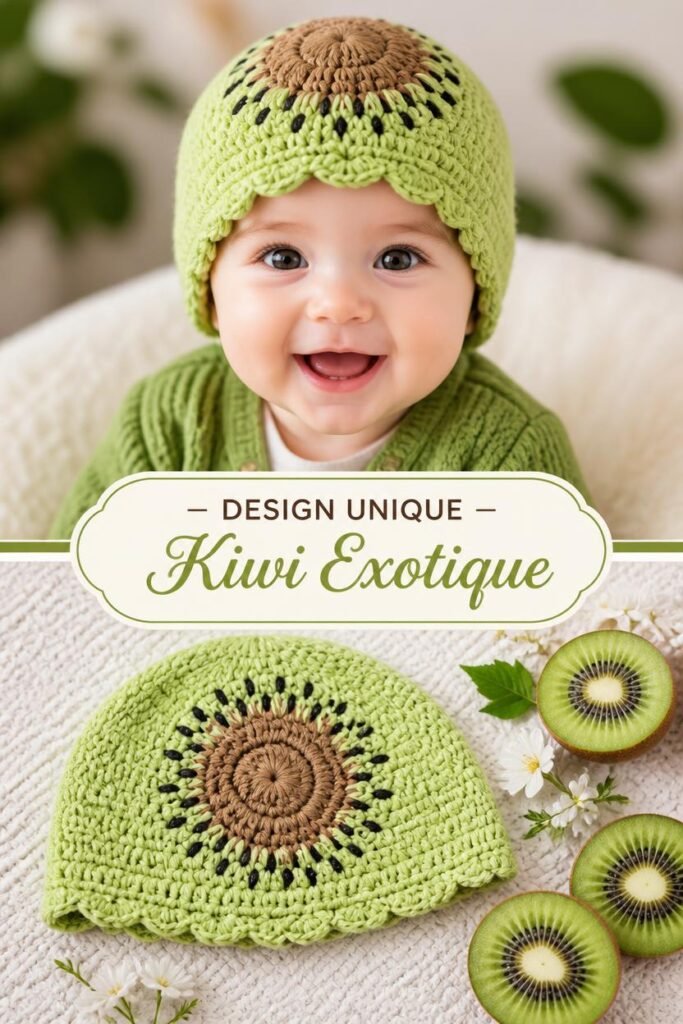 Bonnet bébé crochet fait main au design kiwi vert et marron.