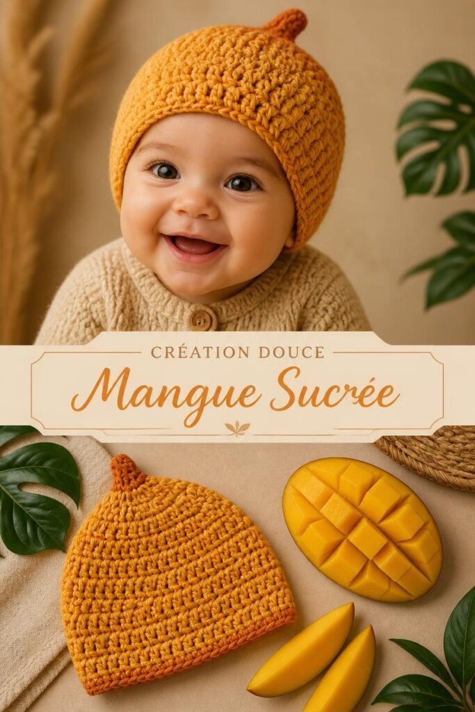 Bonnet bébé crochet fait main au design mangue sucrée couleur jaune doré.