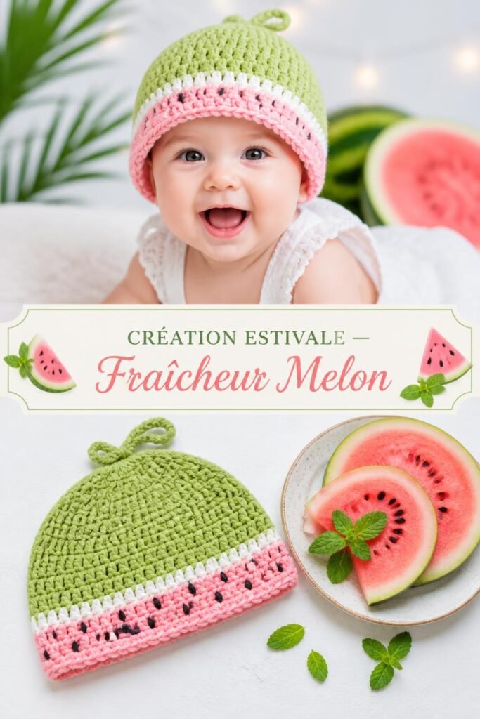 Bonnet bébé crochet fait main au design pastèque melon vert et rose.
