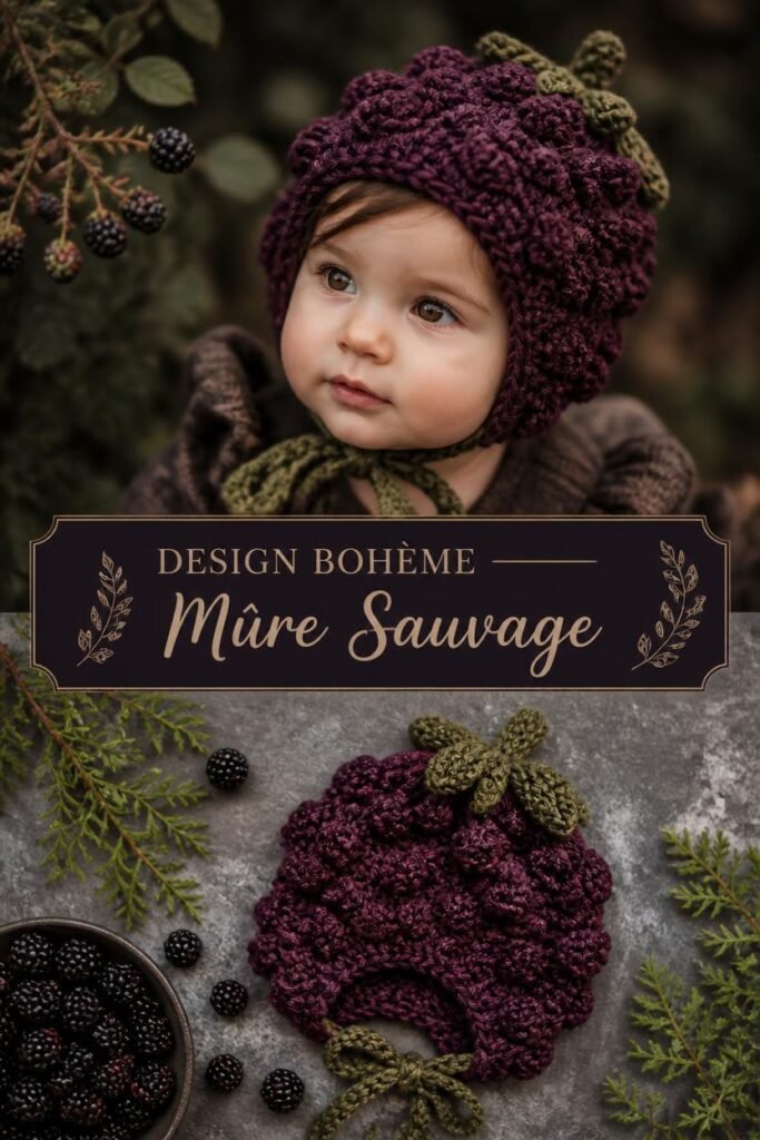 Bonnet bébé crochet fait main au design mûre sauvage violet foncé.