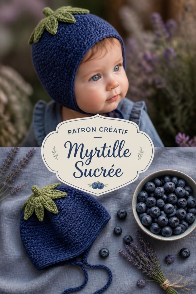 Bonnet bébé crochet fait main au design myrtille bleue avec des détails adorables.