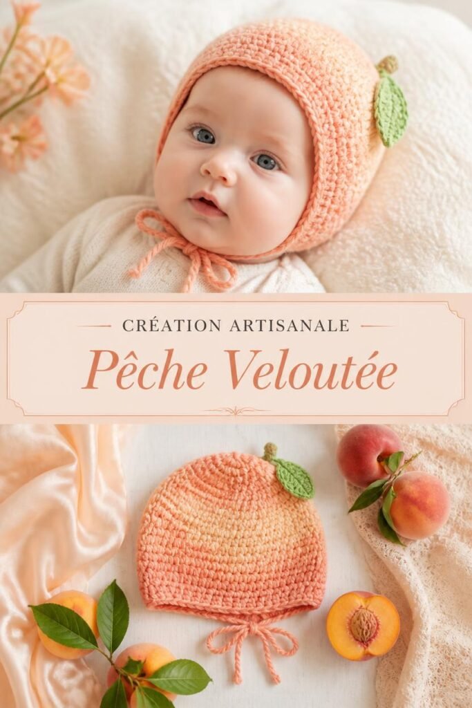 Bonnet bébé crochet fait main au design pêche veloutée couleur abricot.