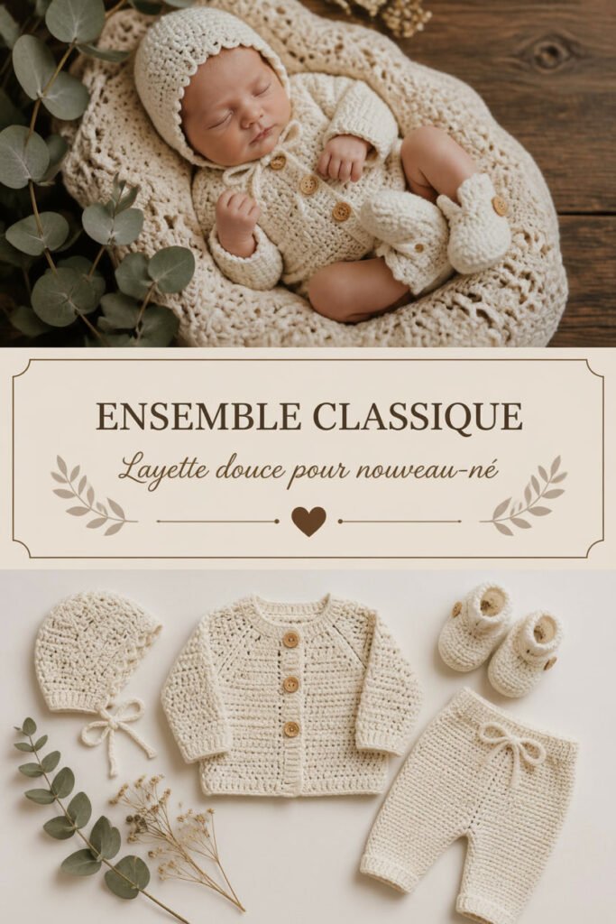 Ensemble crochet classique pour nouveau-né : gilet, bonnet et chaussons beiges