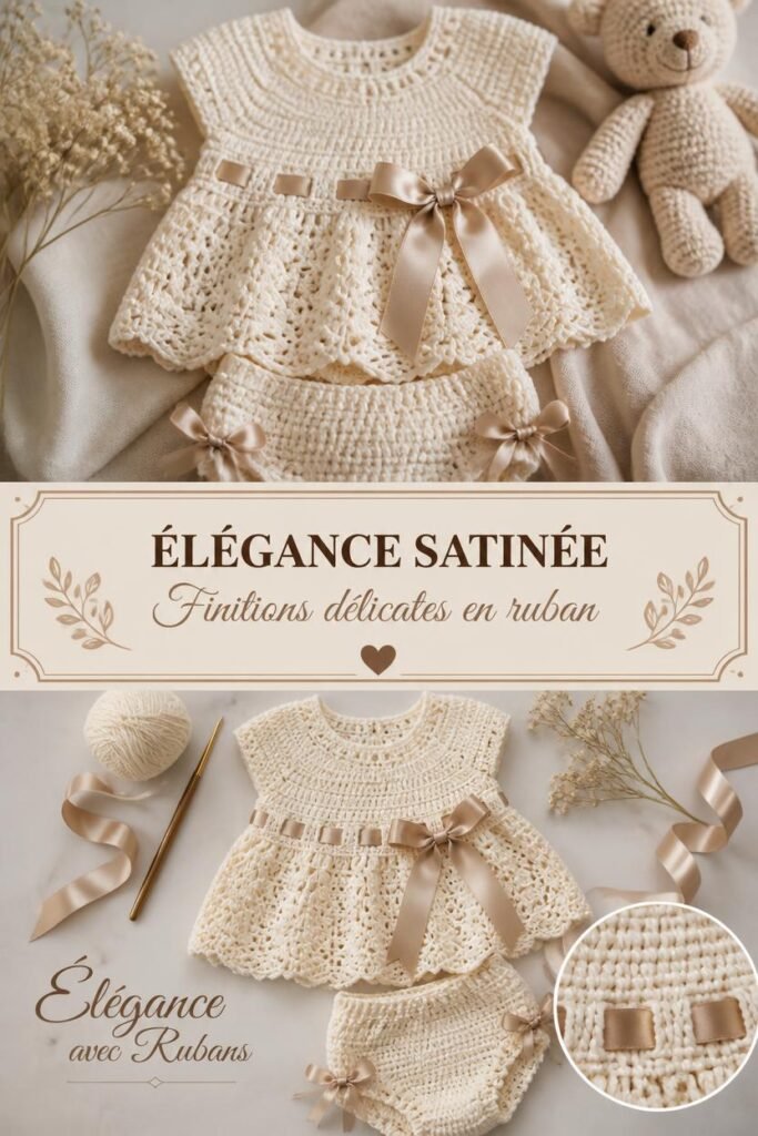 Robe au crochet "Élégance Satinée" : tenue chic et rubans de satin pour bébé