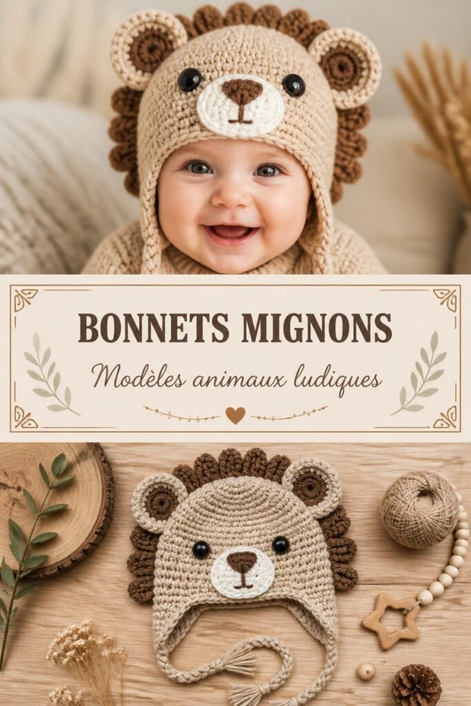 Bonnet animal au crochet "Bonnets Mignons" : chapeau rigolo et doux pour bébé