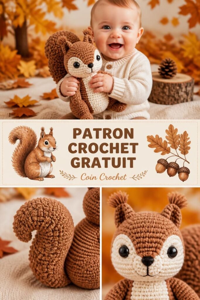 Patron gratuit crochet doudou écureuil pour bébé, amigurumi animaux de la forêt