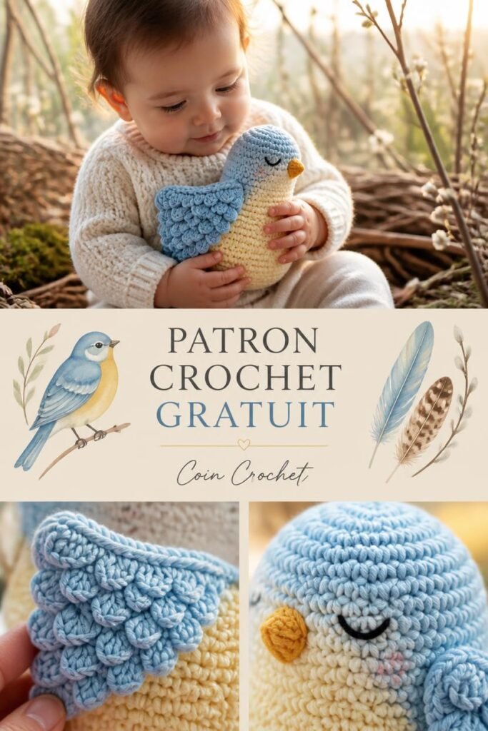 Patron gratuit crochet doudou oiseau pour bébé, amigurumi oiseau du matin