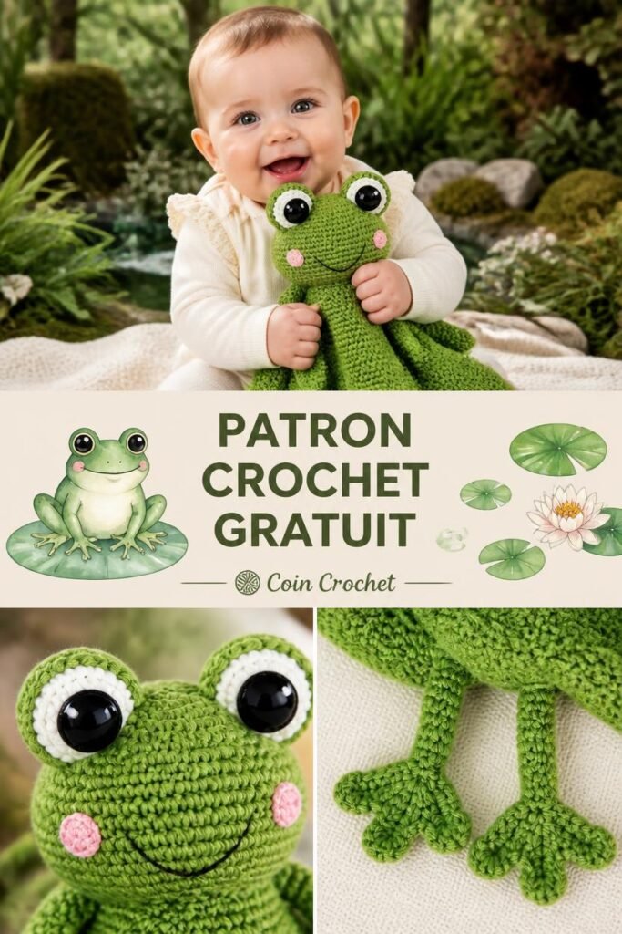 Patron gratuit crochet doudou grenouille pour bébé, amigurumi grenouille de la mare