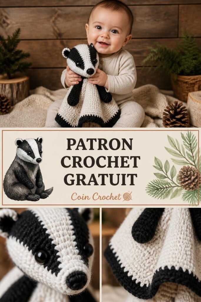 Patron gratuit crochet doudou blaireau pour bébé, amigurumi animaux de la forêt
