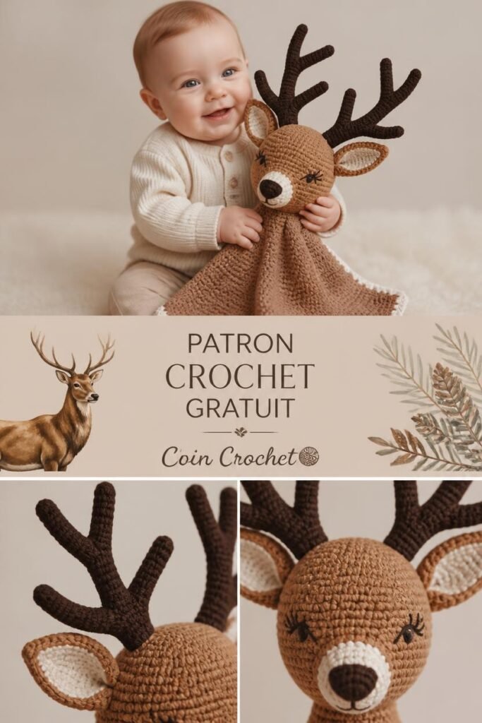Patron gratuit crochet doudou cerf pour bébé, amigurumi cerf des bois