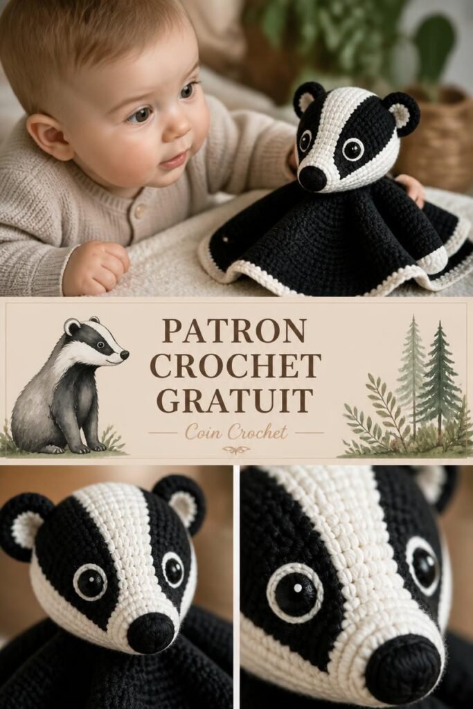 Patron gratuit crochet doudou blaireau curieux pour bébé, amigurumi forêt