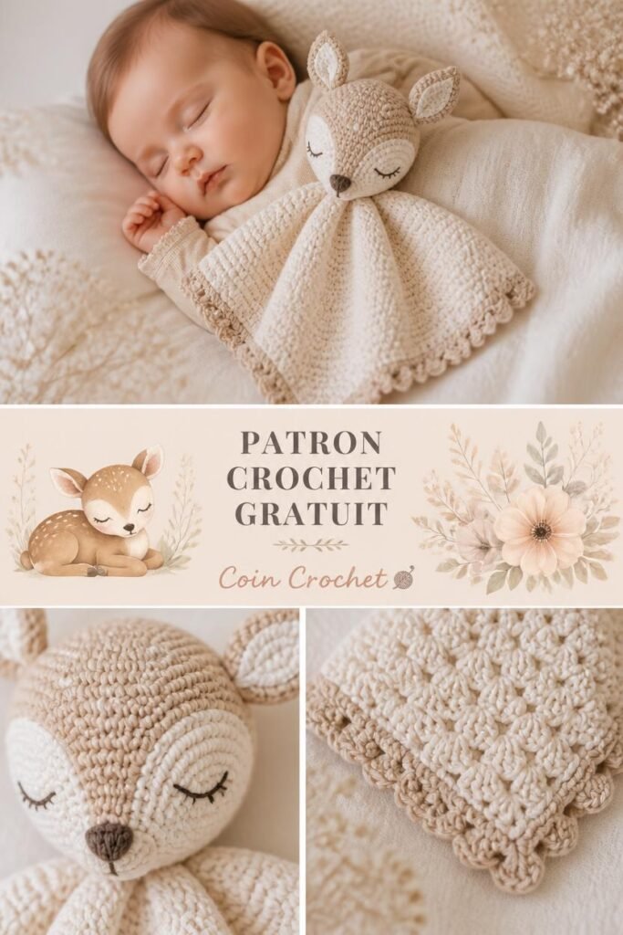 Patron gratuit crochet doudou faon endormi pour bébé, amigurumi forêt