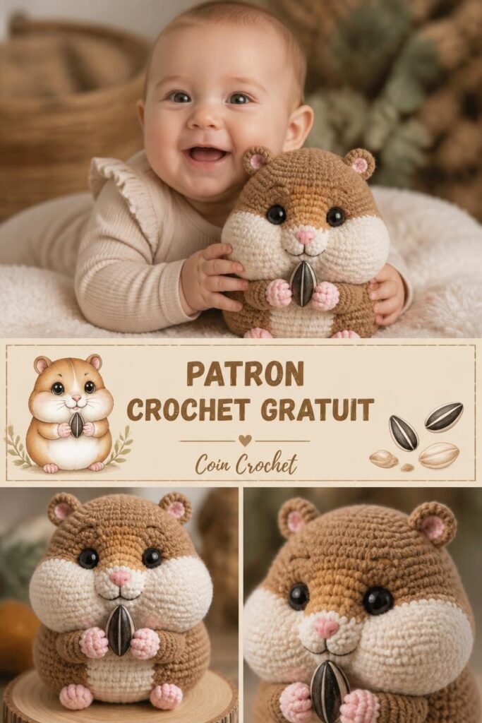 Patron gratuit crochet doudou hamster pour bébé, amigurumi hamster gourmand