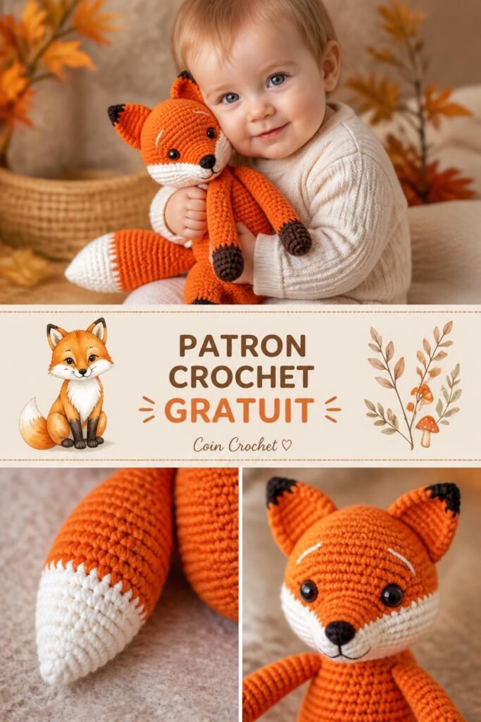 Patron gratuit crochet doudou renard pour bebe, amigurumi foret