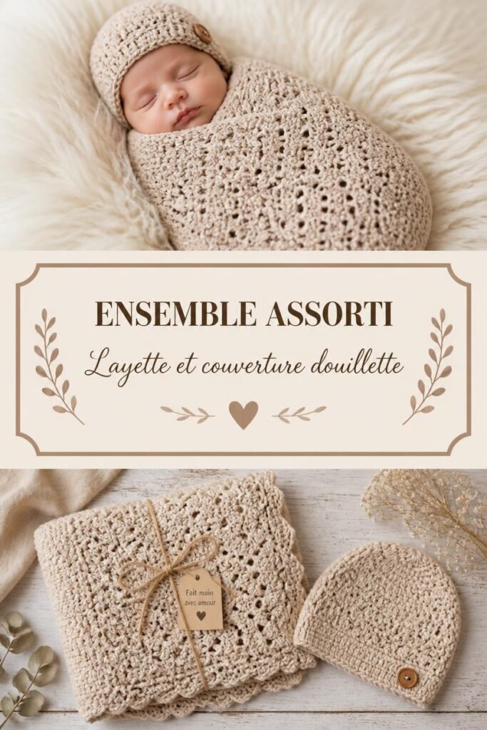 Ensemble assorti au crochet : nid d'ange et langes douillets pour nouveau-né