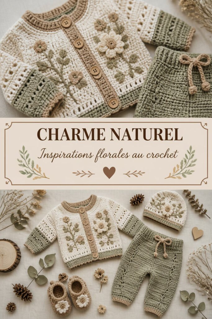 Ensemble de naissance au crochet "Charme Naturel" : pantalon et gilet pour bébé en tons terre