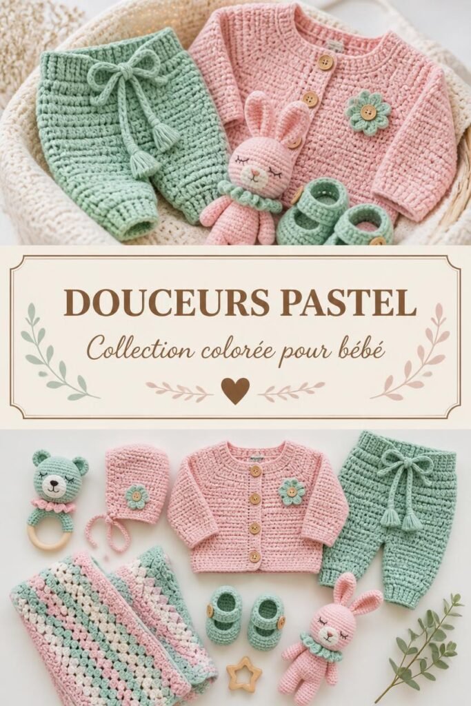 Collection crochet "Douceurs Pastel" : ensemble layette bébé en tons pastel doux