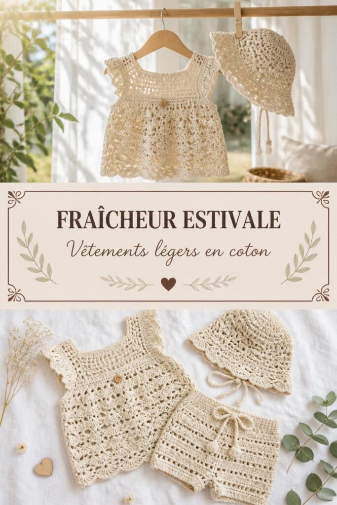 Ensemble d'été au crochet "Fraîcheur Estivale" : tenues légères et chapeau pour bébé