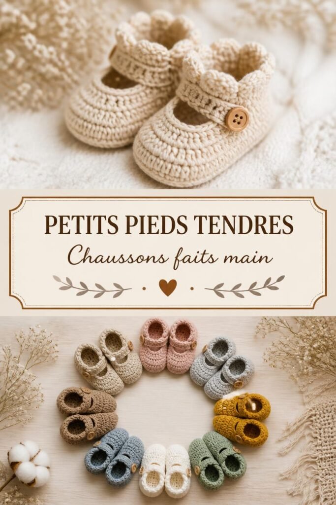 Petits chaussons au crochet "Petits Pieds Tendres" : chaussures faits main pour bébé