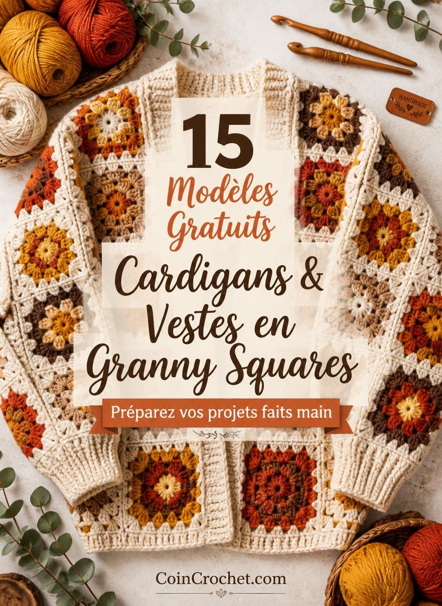 Sélection de 15 modèles gratuits de cardigans et vestes en granny squares au crochet avec tutoriels faciles.