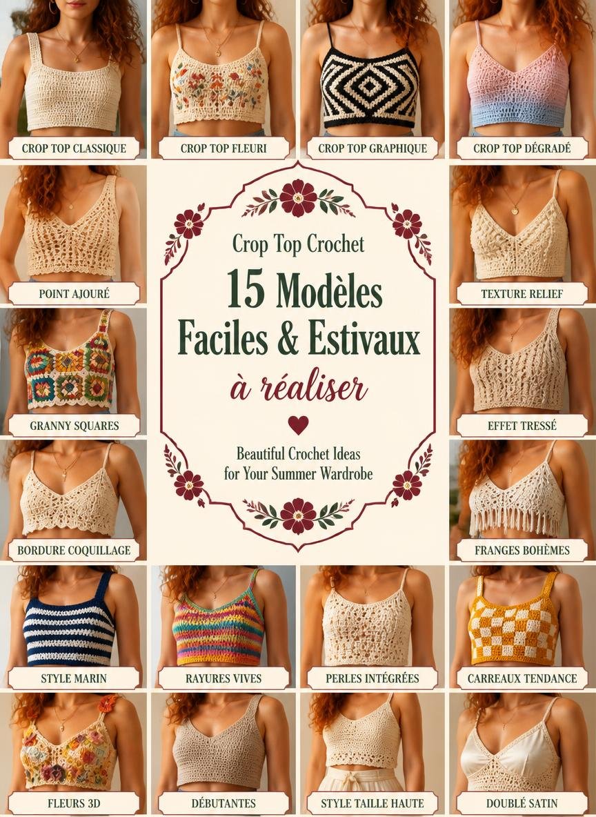 Collage de modèles crop top et bandana crochet bohème pour l'été, inspirations mode faits main