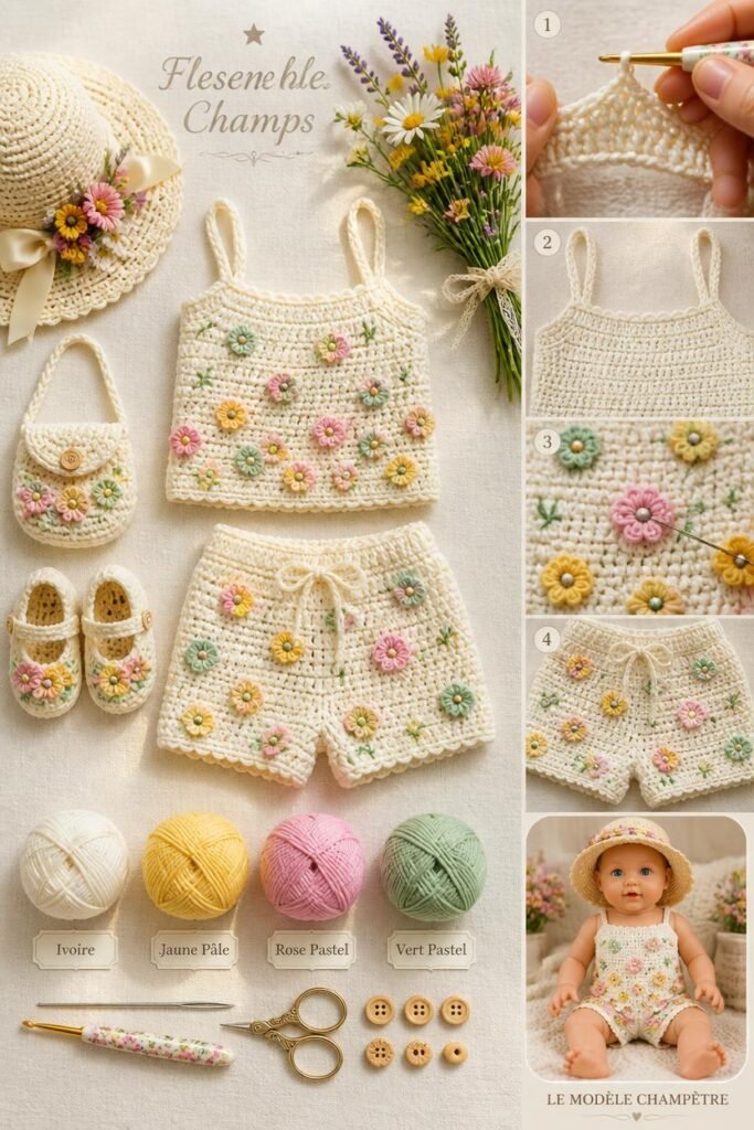 Ensemble haut et short bébé au crochet avec fleurs des champs multicolores