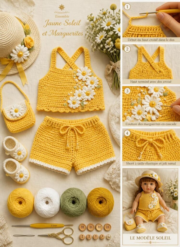 Ensemble haut et short bébé au crochet jaune soleil avec marguerites blanches