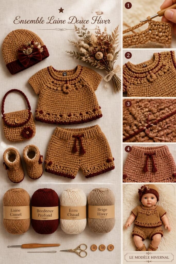 Ensemble haut et short bébé au crochet en laine épaisse pour l'hiver