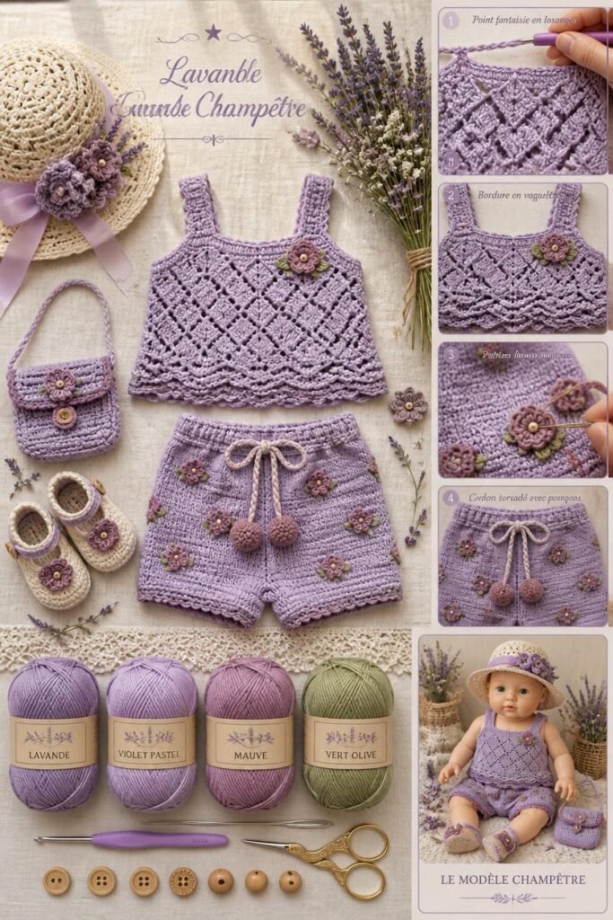 Ensemble haut et short bébé au crochet lavande avec petites fleurs mauves