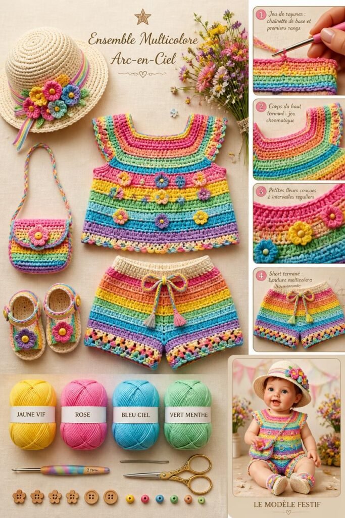 Ensemble haut et short bébé au crochet multicolore arc-en-ciel