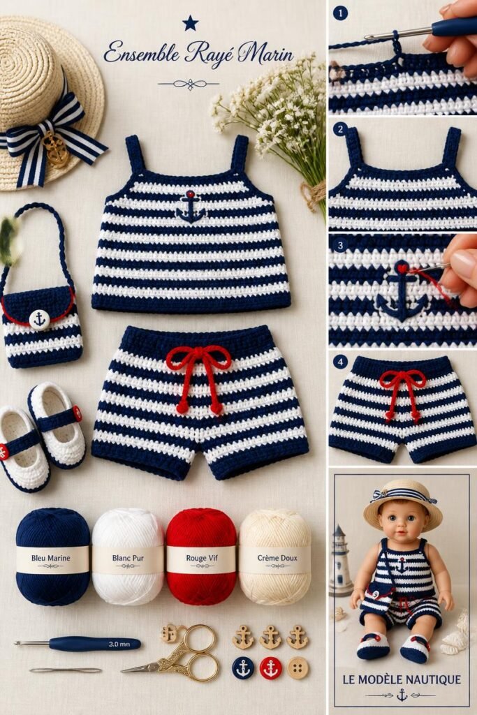 Ensemble haut et short bébé au crochet rayé bleu marine style marinière