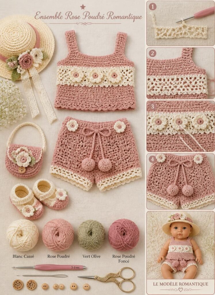 Ensemble haut et short bébé au crochet rose poudré romantique avec fleurs en relief