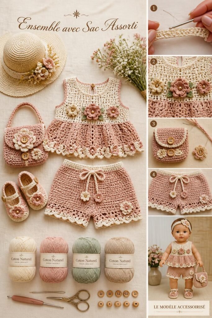 Ensemble haut et short bébé au crochet avec sac à main assorti