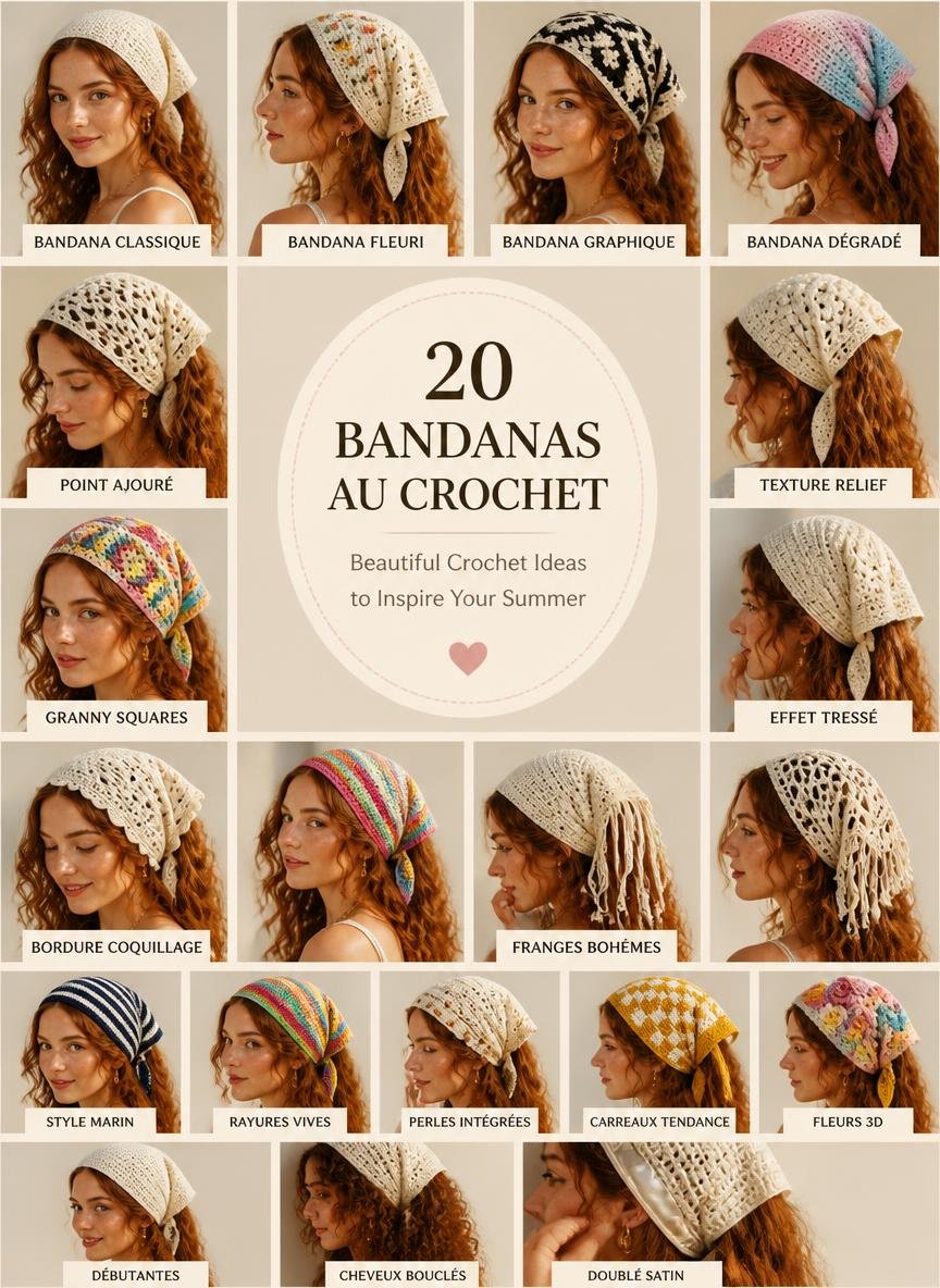 Tutoriel bandana crochet fleuri champêtre, bandeau cheveux fait main en laine