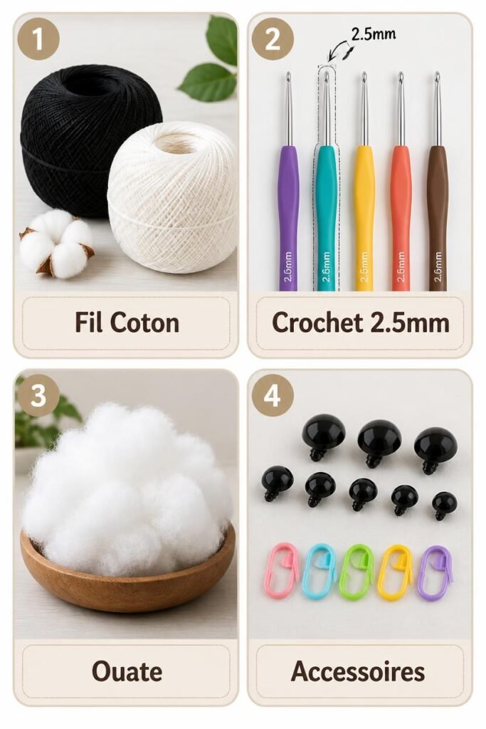 Fournitures indispensables pour débuter amigurumi et crochet (fil coton, crochet, ouate)
