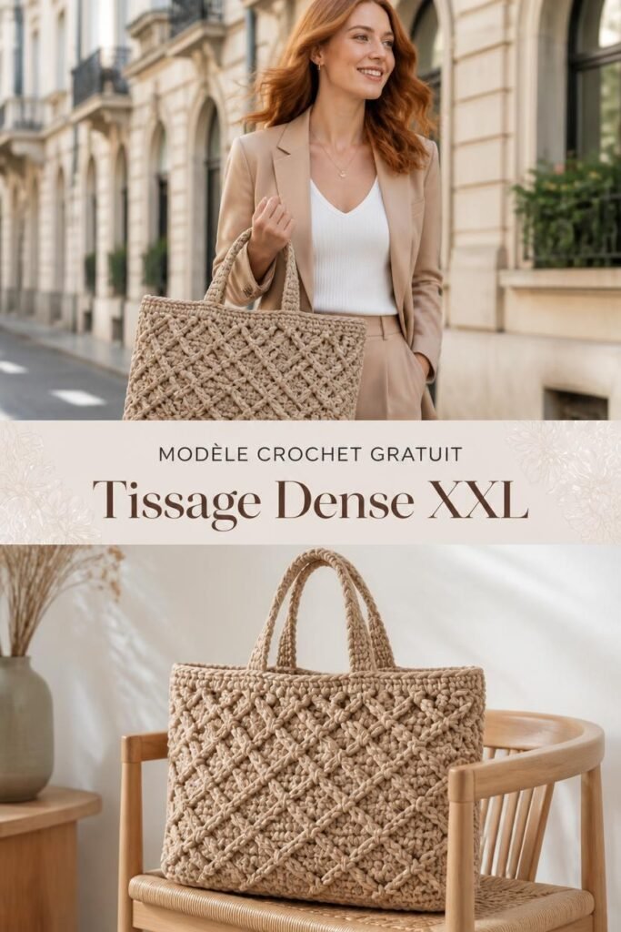 Cabas crochet XXL tissage croisé dense, grand sac de plage fait main