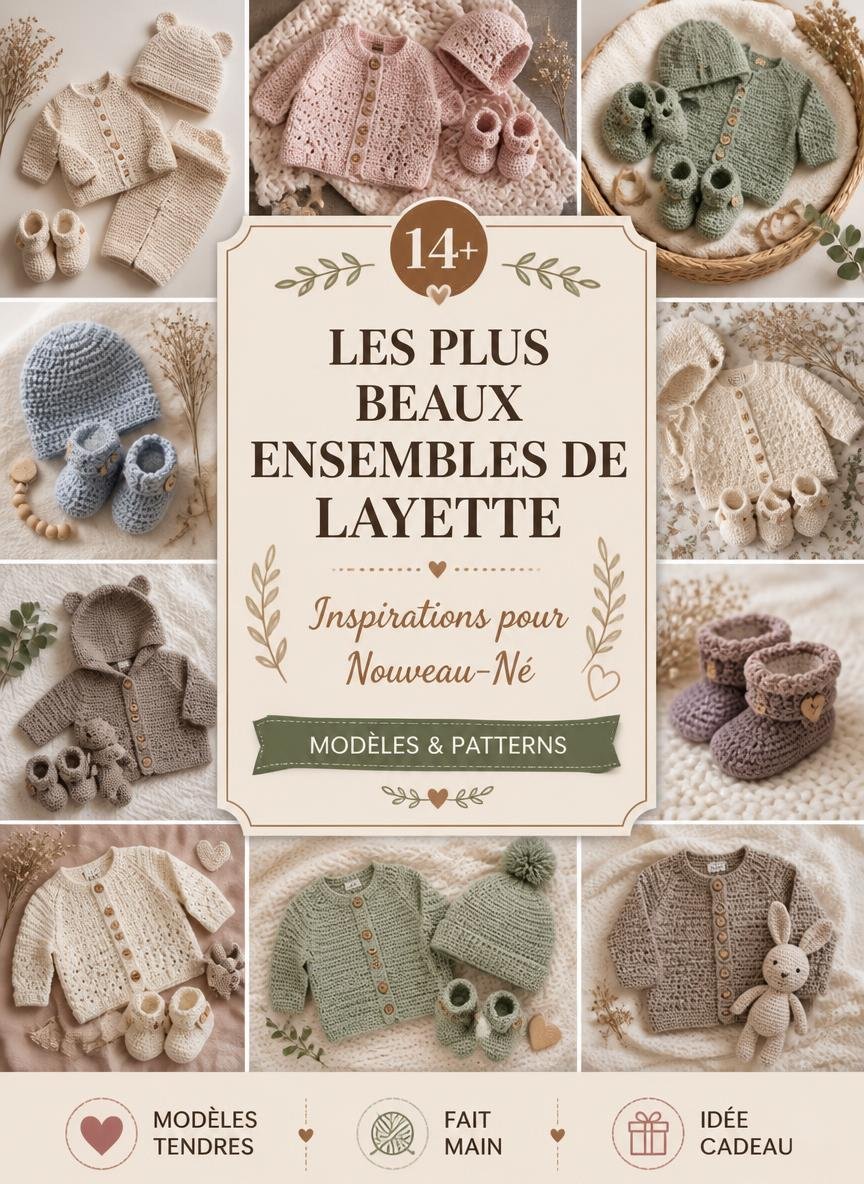 Grille d'inspiration des plus beaux ensembles de layette au crochet pour nouveau-né, avec des modèles faits main, bonnets et chaussons.