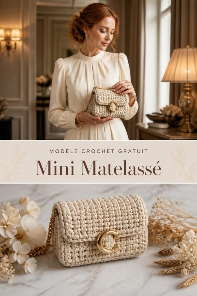 Mini sac crochet matelassé beige de soirée avec fermoir doré