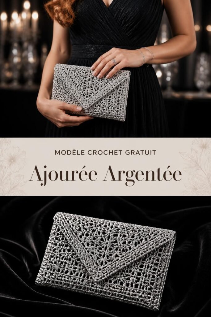 Pochette crochet ajourée fils argentés, sac de soirée fait main
