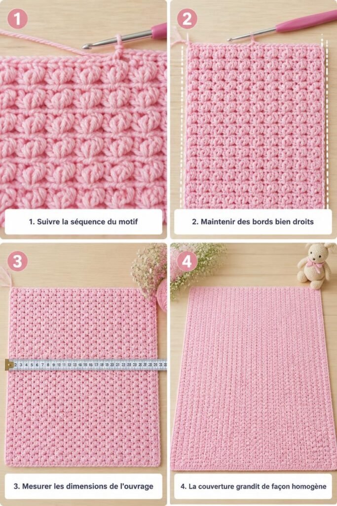 Tuto couverture bébé au crochet : étape 3, progression du motif et dimensions finales